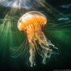 Wall Mural - jellyfish moving through the ocean, its bell and tentacles illuminated by soft, glowing light.