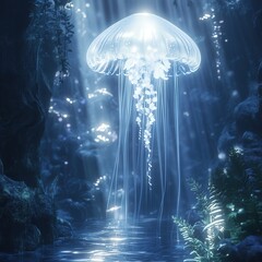 Wall Mural - jellyfish with radiant light illuminating its translucent body.