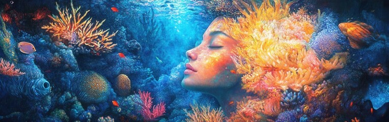 Aufkleber - Mystical underwater woman radiating light surrounded by vibrant coral and marine life