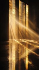 Poster - Mysterious dark room illuminated by warm golden light creating enchanting reflections on the floor