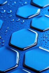 Wall Mural - close-up of a blue hexagonal surface with water droplets, showcasing texture and vibrant color in de