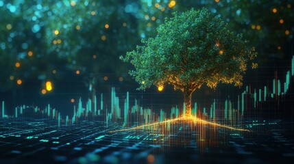 Poster - Glowing depiction of financial stability symbolized by a vibrant tree and dynamic data trends
