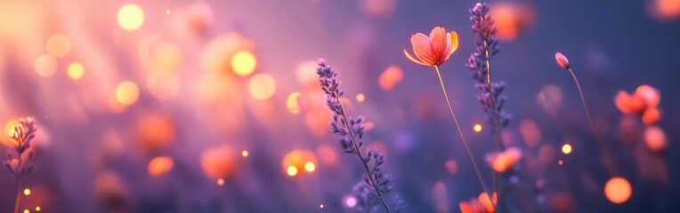 Leinwandbilder - Dreamy cityscape bokeh with warm orange tones at dusk featuring blooming flowers and enchanting light effects