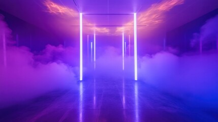 Poster - Violet cosmic space with glowing columns and fog creating an ethereal atmosphere at an art installation