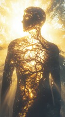 Poster - Glowing man surrounded by luminous roots in a serene, mystical forest setting