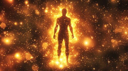 Aufkleber - Man radiating with a vibrant glow amidst a cosmic backdrop of stars and light