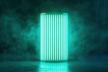 Poster - Futuristic glowing cylinder with neon lights, surrounded by mist, ideal for technology and sci-fi themes.