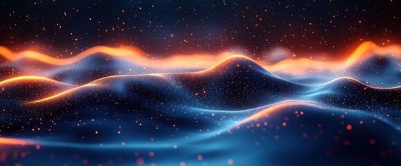 Glowing Particles in Dark Wave Abstract Technology Background with Blue Orange Energy Motion Flow Liquid Design
