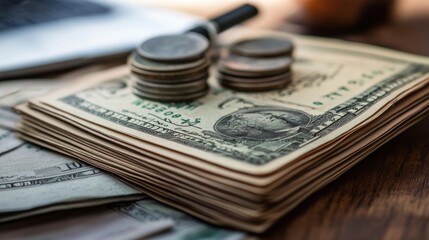 Aufkleber - Balanced representation of stock trends with currency and financial elements on a wooden table