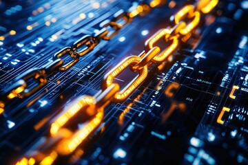Glowing Digital Blockchain Links on a Futuristic Background with High-Tech Elements
