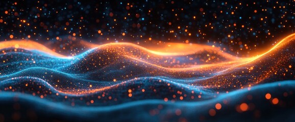 Glowing Blue and Orange Particles in a Dark Wave Creating Digital Energy Flow