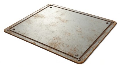 A rectangular, rusted metal plate with a smooth surface and rounded edges, showcasing an industrial appearance.