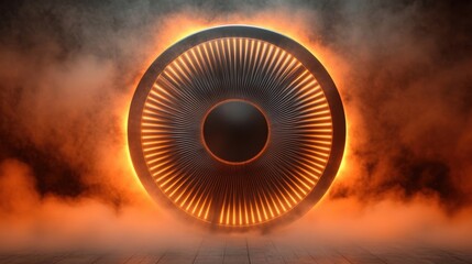 Canvas Print - Futuristic circular design with glowing edges, surrounded by mist, creating an intriguing atmosphere of mystery and innovation.