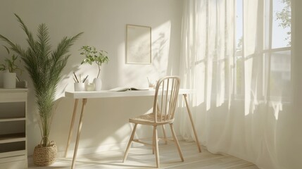 Poster - Bright and airy workspace with white desk, wooden chair, and natural greenery in a sunlit room