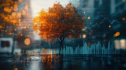 Poster - Vibrant double exposure of a symbolic tree in an urban setting capturing the essence of nature and data dynamics