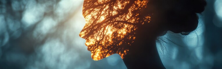 Poster - Surreal representation of a glowing woman silhouette with light and nature intertwined in an enchanting forest setting