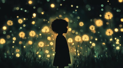 Aufkleber - Surreal silhouette of a child standing among glowing dandelions at twilight