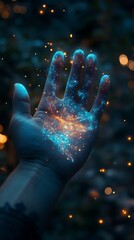 hand holding a glowing nebula in outer space.