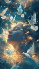 Poster - Woman radiating peace surrounded by doves in a serene celestial setting at twilight