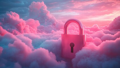 Fototapete - Surreal Pink Lock Floating in Pastel Clouds