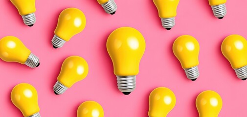 Wall Mural - colorful yellow light bulbs scattered on a bright pink background, symbolizing creativity and ideas.