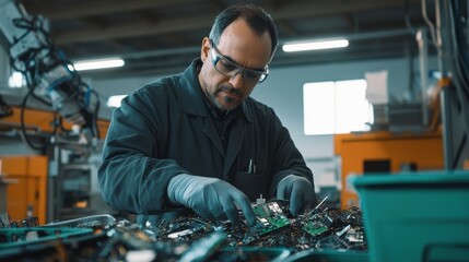 Poster - Professional worker in dark gray lab coat examines circuit boards in modern workshop