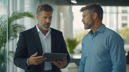 Poster - Professional discussion between two colleagues in a modern office setting