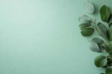 Leinwandbilder - A single linden tree branch with vibrant green leaves is set against a light pastel blue background, creating a calm and elegant atmosphere with ample copy space