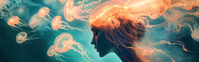 Aufkleber - Mystical profile of a man intertwined with glowing jellyfish in an underwater world