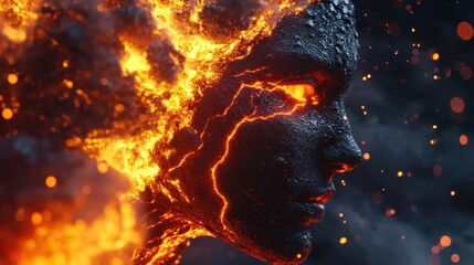Poster - Dynamic visualization of a fiery face showcasing an explosive blend of lava and rock textures