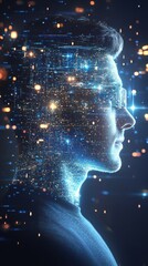 Fototapete - Dynamic profile of a man illuminated by futuristic digital elements and glowing lights