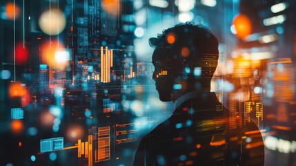Aufkleber - Creative double exposure illustrating a businessman against a digital backdrop filled with abstract data visualizations