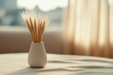 Aufkleber - Close-up view of soft pampas grass elegantly arranged in a minimalist vase, complemented by flowing beige fabric resting on a textured white surface