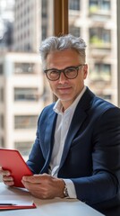 Poster - Charismatic businessman holding a tablet while sitting in a modern office with city views in the background