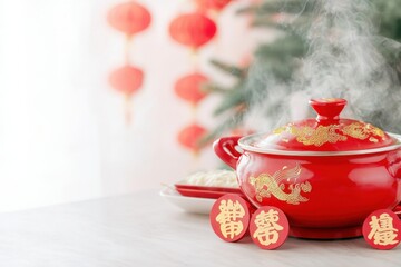 Red Chinese pot with steam and decorative elements for festive occasions.