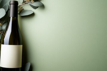 Aufkleber - Captivating close-up view of a mockup bottle of white wine featuring a simple label, positioned on a pastel green backdrop, creating a fresh and modern feel
