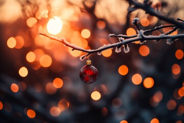 Poster - A delicate red Christmas bauble hangs from a frosted branch, illuminated by warm golden bokeh lights in the background, creating a festive atmosphere