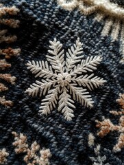 Poster - Close-up view of a delicate snowflake resting on a dark woolen glove in winter
