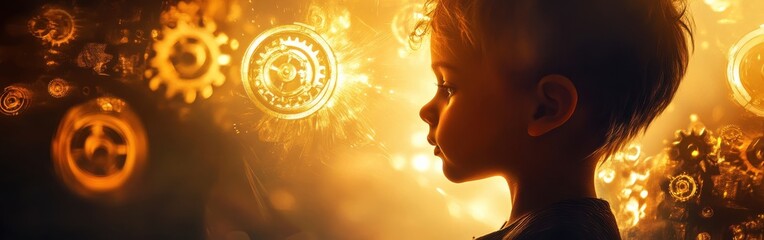 Leinwandbilder - Child with glowing aura surrounded by gears and dreamlike elements in creative visualization