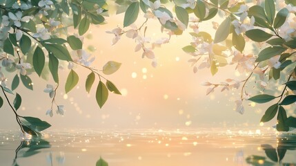 Aufkleber - Tranquil morning with delicate dewdrops glistening on leaves and flowers at dawn over calm water