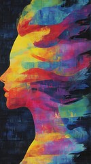 Aufkleber - Surreal depiction of a glowing woman surrounded by vibrant colors and abstract patterns in a dreamlike atmosphere