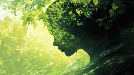 Aufkleber - Serene portrait of a woman surrounded by enchanting nature, showcasing healing and tranquility in a lush green setting