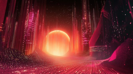 Aufkleber - Glowing sunset over a digital city landscape with vibrant colors and abstract patterns
