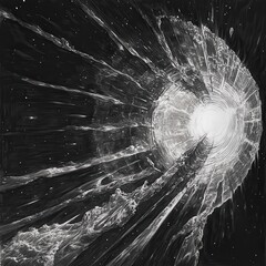 Poster - Exploration of cosmic event horizon showcasing distorted light and space dynamics in deep universe