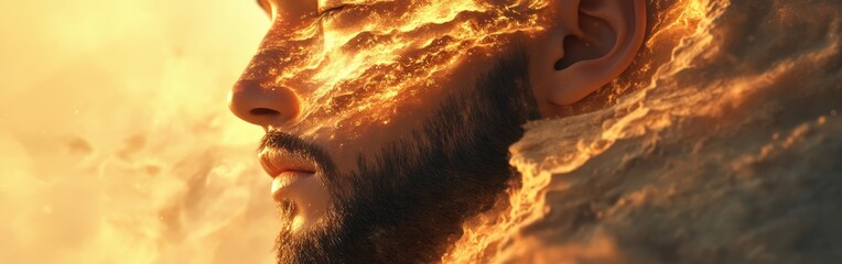 Aufkleber - Conceptual visualization of a man's face blending with fiery elements under a dramatic sky