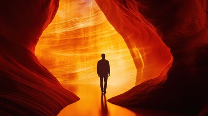 Poster - Man standing in glowing canyon, immersed in vibrant colors and natural beauty during sunset