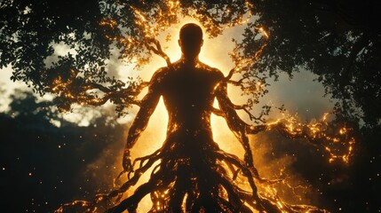 Poster - Glowing man surrounded by mystical roots and branches in a forest during twilight