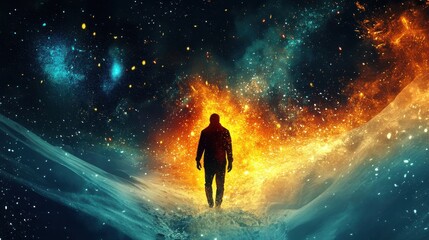 Poster - Man glowing in a cosmic landscape with vibrant colors and an ethereal backdrop at dusk