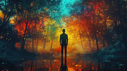 Poster - Glowing figure stands amidst vibrant forest landscape illuminated by colorful light at twilight