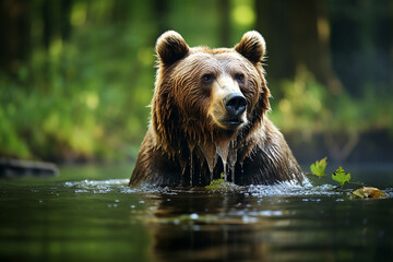 Behold regal manifestation of a resplendent brown bear amidst ethereal confines of a verdant swamp, wherein awe-inspiring amalgamation of its formidable prowess, mesmerizing dance of water reflections